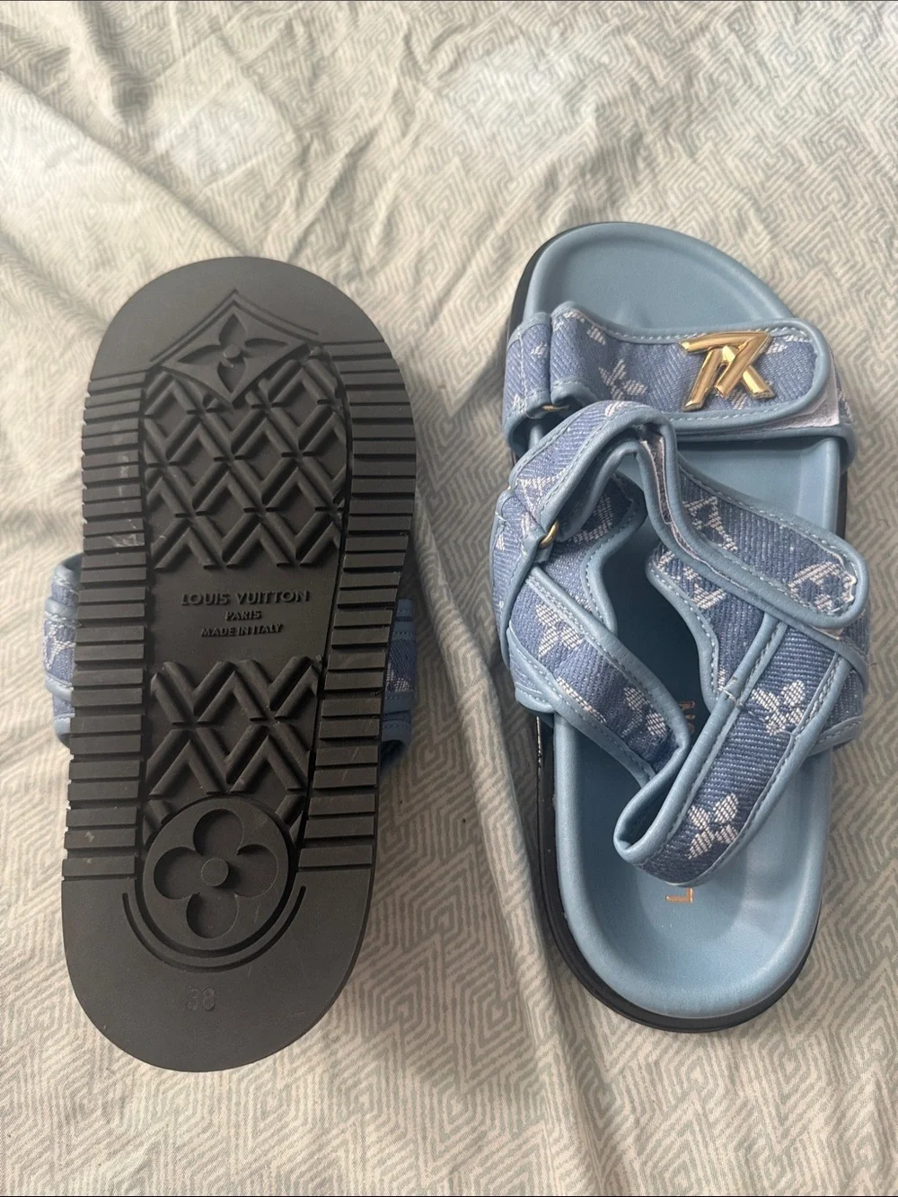 Louis Vuitton Kids Light Blue Monogram Strap Sandals